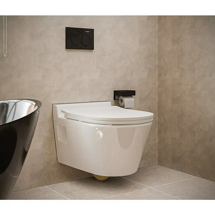 Camargue Empire Wand-WC 2.0 - Spülrandlos, Ohne Spezialglasur, Spülform: Tief, WC Abgang: Waagerecht, Weiß - Wandhängendes WC mit Spülkasten und Toilettenpapierhalter in einem modernen Badezimmer mit grauen Fliesen.
