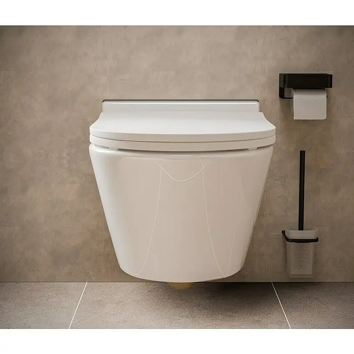 Camargue Empire Wand-WC 2.0 - Spülrandlos, Ohne Spezialglasur, Spülform: Tief, WC Abgang: Waagerecht, Weiß - Wandhängendes WC mit WC-Bürste und Toilettenpapierhalter. Das schlichte Design passt in jedes Badezimmer.