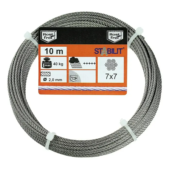 Stabilit Drahtseil - Ø x L: 2 mm x 1.000 cm, Belastbarkeit: 40 kg, Edelstahl - Abbildung eines Edelstahlseils "Stabilit" mit einer Länge von 10 m, rostfrei, Durchmesser 2,0 mm und einer maximalen Tragkraft von 40 kg.