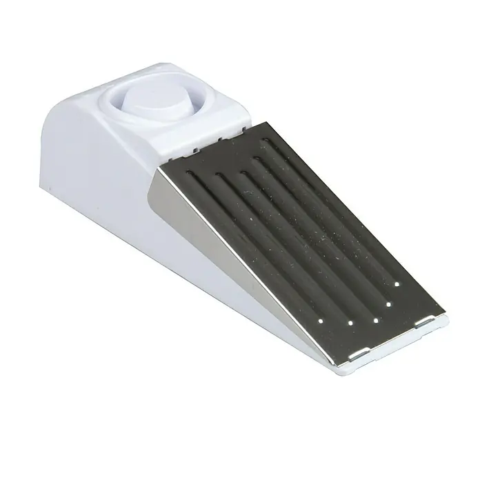 Kontaktmelder - 42 x 42 x 150 mm - Ein weißer Türstopper mit Metallkeil und Alarmfunktion, der das unbefugte Öffnen von Türen verhindern kann.