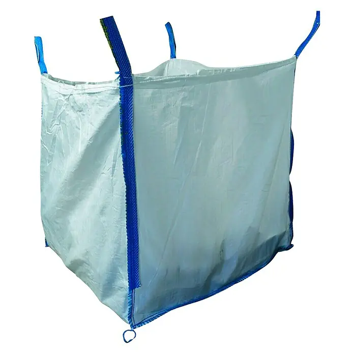 Big Bag - 85 x 85 x 80 cm, Tragkraft: 1.000 kg - Ein großer, weißer Big Bag mit blauen Verstärkungen und Schlaufen, ideal für den Transport von Schüttgütern. Robust und zuverlässig!