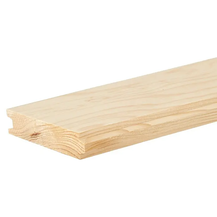Rauhspund - Fichte, 3.000 x 96 x 19 mm - Detailaufnahme eines hellen Holzbretts mit Nut und Feder. Das Holzbrett ist unbehandelt und zeigt die natürliche Maserung.