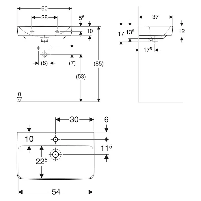 Geberit Renova Compact Waschtisch-Set - 60 x 37 cm, Ohne Spezialglasur, Hahnloch: Mitte, Mit Überlauf, Weiß, Mit Schallschutzmatte - Eine detaillierte Zeichnung eines Waschbeckens mit Bemaßungen für Installation und Design.