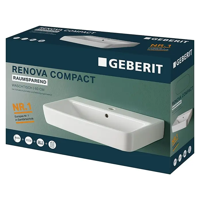 Geberit Renova Compact Waschtisch-Set - 60 x 37 cm, Ohne Spezialglasur, Hahnloch: Mitte, Mit Überlauf, Weiß, Mit Schallschutzmatte - Abbildung einer Verpackung für ein Renova Compact Waschbecken der Marke Geberit, das für seine platzsparende Bauweise bekannt ist.
