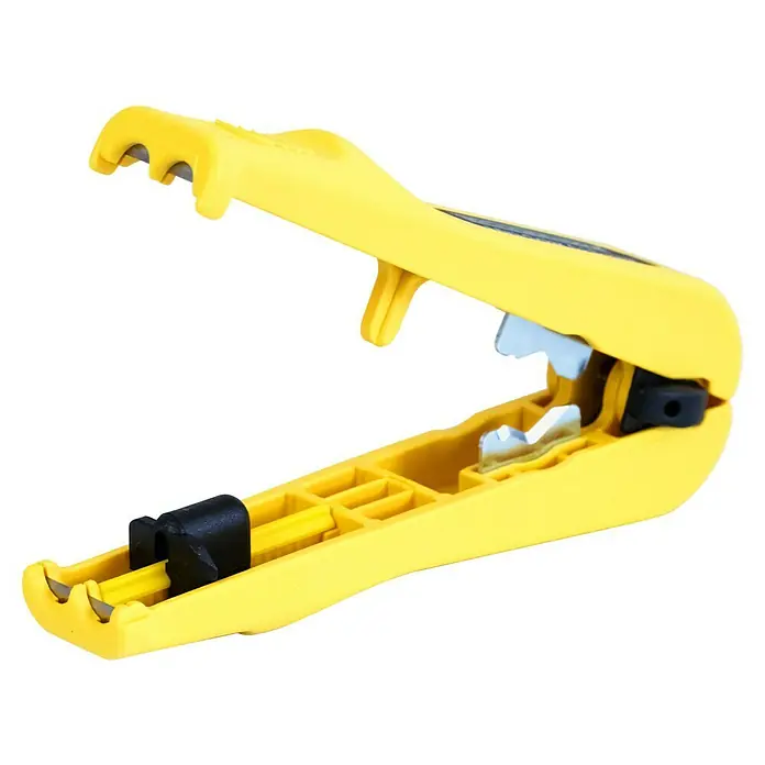 Weicon Kabelentmanteler Mini-Solar - 4 mm² - 6 mm², Gelb - Draufsicht auf einen gelben Abisolierer mit scharfen Klingen, der zum Entfernen der Isolierung von Drähten geeignet ist.