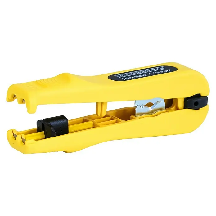 Weicon Kabelentmanteler Mini-Solar - 4 mm² - 6 mm², Gelb - Das Bild zeigt einen gelben Weicon Tools Mini-Solar 4 / 6 mm² Abisolierer, der ein präzises Abisolieren von Kabeln ermöglicht.
