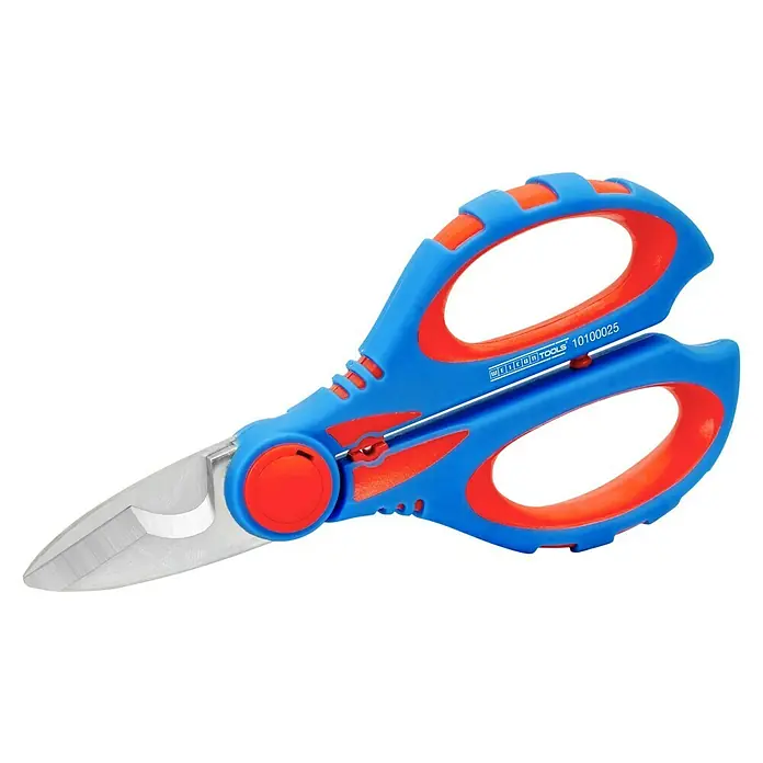 Weicon Elektrikerschere XL - Blau, Rot, Passend für: Feindrähtige Kabel aus Kupfer und Alu bis zu 50 mm² - Nahaufnahme einer blauen Kabelschere mit roten Akzenten, die scharfe, silberne Klingen und ergonomische Griffe aufweist. Ideal für präzise Kabelschnitte.