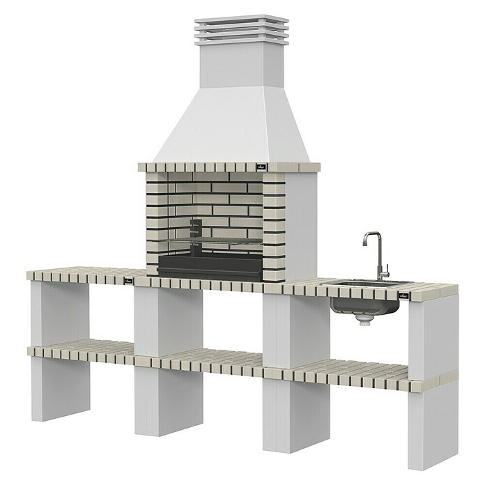Collippo Barbacoa de obra Alvor con mesa auxiliar y fregadero (An x Pr x Al: 220 x 47 x 224 cm, Superficie parrilla: 64 x 38 cm, Blanco) | BAUHAUS