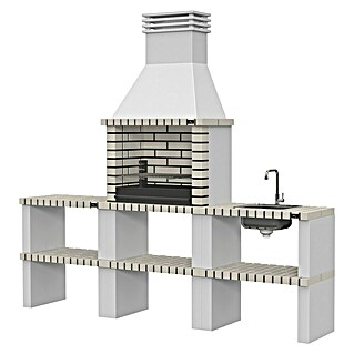 Collippo Barbacoa de obra Alvor con mesa auxiliar y fregadero (An x Pr x Al: 220 x 47 x 224 cm, Superficie parrilla: 64 x 38 cm, Blanco)