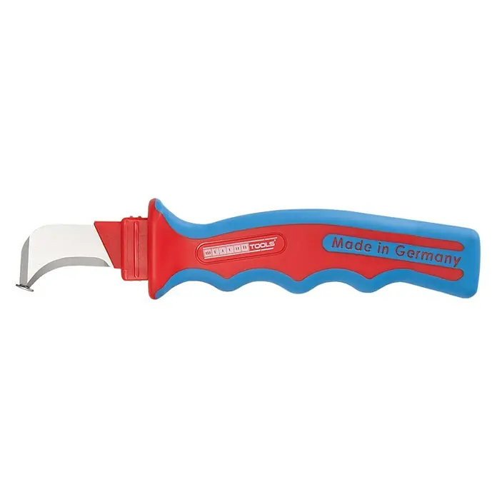Weicon Kabelmesser H.D. No. 1000 - Blau, Rot, Passend für: Mehrfach isolierte und dicke Kabel mit PVC-Isolationen - Auf dem Bild ist ein Kabelmesser mit blau-rotem Griff, hergestellt in Deutschland, zu sehen. Das Messer ist für präzises Schneiden konzipiert.