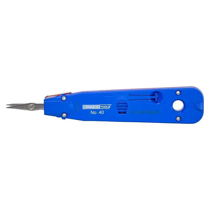 Weicon Anlegewerkzeug LSA Sensor No. 40 - Blau, Rot, Passend für: Beschaltung LSA-Baureihe - Abbildung eines blauen LSA-Anlegewerkzeugs mit Schere, Modell No. 40 von Weicon Tools, für präzise Kabelanschlüsse.