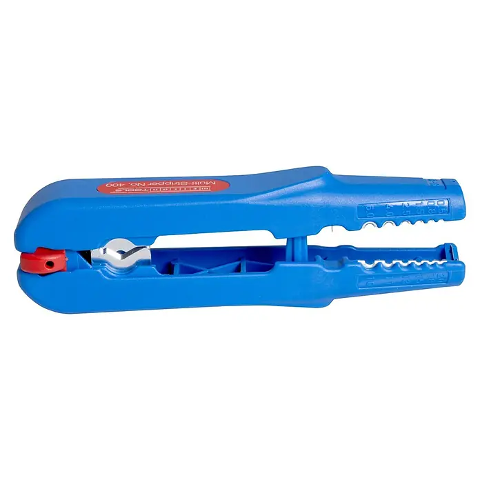 Weicon Kabelentmanteler Multi-Stripper No. 400 - 0,5 mm² - 6 mm², Blau, Rot - Die blaue WEICON Multi-Stripper No. 400 Abisolierzange mit rotem Griff und Kabelschneidern ist ein praktisches Werkzeug zum Abisolieren und Schneiden von Kabeln.