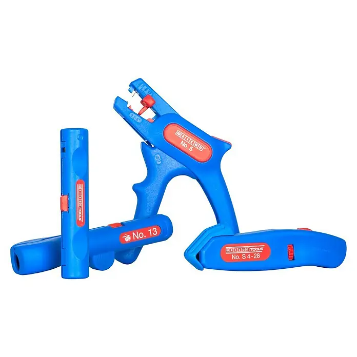 Weicon Set Profi-Starter mit Kabelmesser, Abisolierzange, Rundkabel-, Coax-Stripper - Blau, Rot - Bild von drei verschiedenen blauen WEICON TOOLS Abisolierwerkzeugen vor schwarzem Hintergrund.