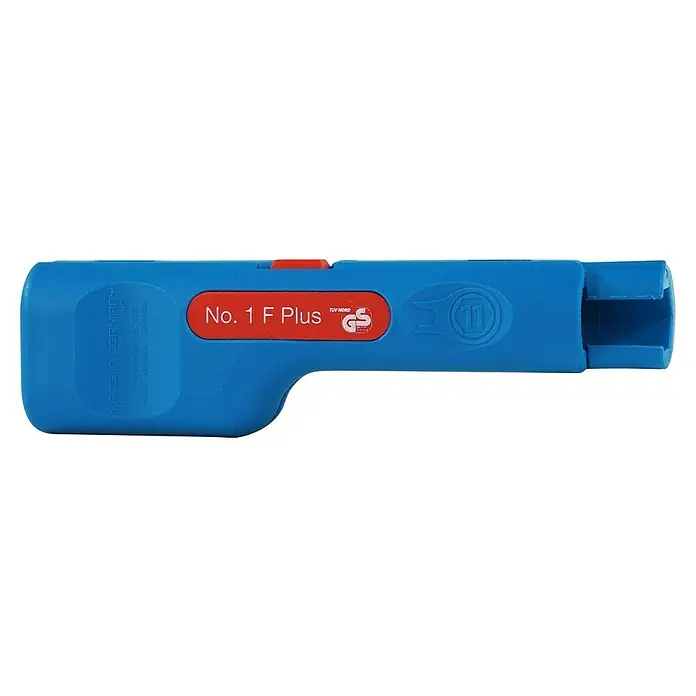 Weicon Kabelentmanteler Coax-Stripper No. 1 F Plus - Blau, Rot, Passend für: Koaxialkabel, bzw. Antennen- und Übertragungskabel - Ein blauer Klemmfix Kabelverbinder No. 1 F Plus, hergestellt in Deutschland, mit roter Markierung und GS-Zeichen.