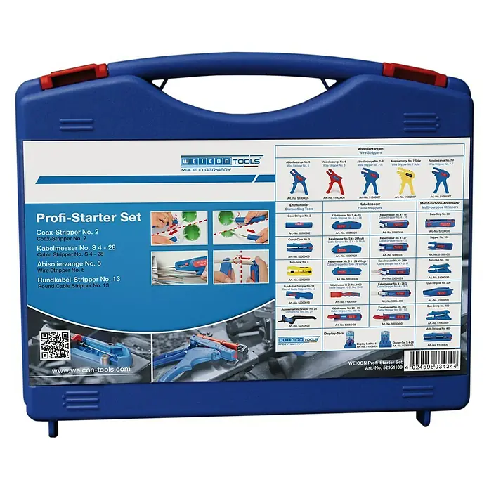 Weicon Set Profi-Starter mit Kabelmesser, Abisolierzange, Rundkabel-, Coax-Stripper - Blau, Rot - WEICON Profi-Starter Set: Eine blaue Werkzeugkiste mit verschiedenen Abisolierwerkzeugen, ideal für Elektriker und Handwerker.