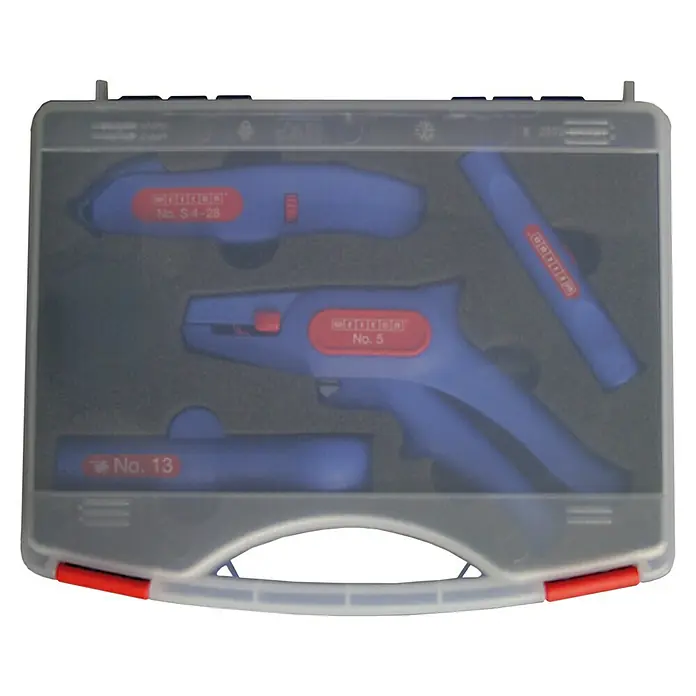Weicon Set Profi-Starter mit Kabelmesser, Abisolierzange, Rundkabel-, Coax-Stripper - Blau, Rot - Ein Set von Jokari Abisolierwerkzeugen in einem transparenten Koffer mit rotem Verschluss. Enthält verschiedene Modelle für unterschiedliche Kabelstärken.