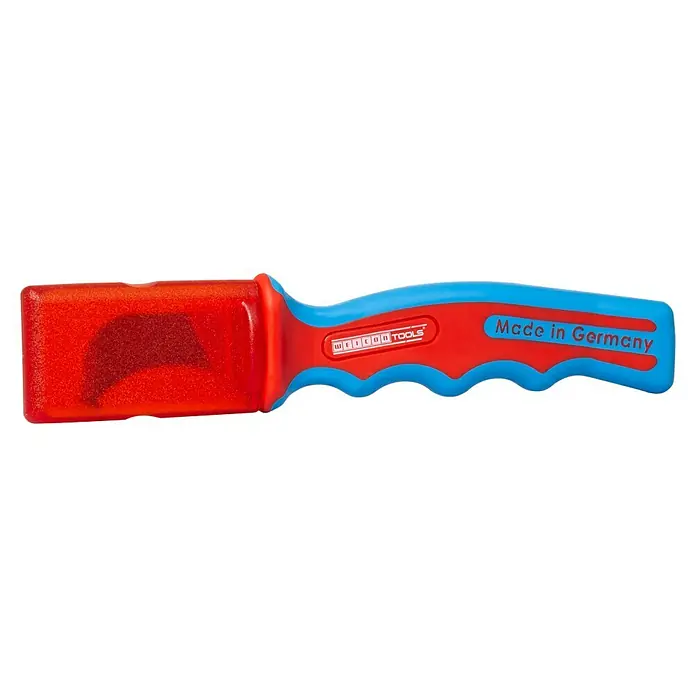 Weicon Kabelmesser H.D. No. 1000 - Blau, Rot, Passend für: Mehrfach isolierte und dicke Kabel mit PVC-Isolationen - Das Bild zeigt einen Weicon TOOLS Kabelmesser, ein Werkzeug mit rot-blauem Griff und einer transparenten roten Klinge.