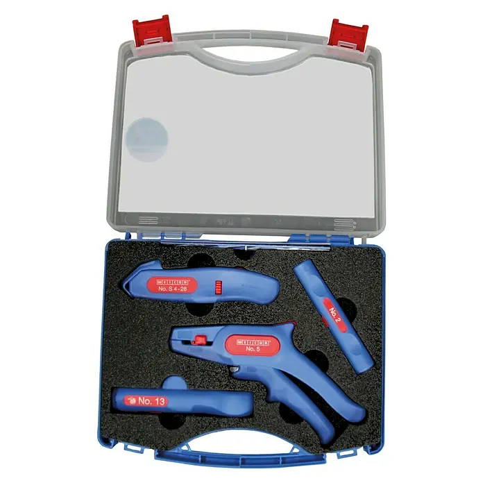 Weicon Set Profi-Starter mit Kabelmesser, Abisolierzange, Rundkabel-, Coax-Stripper - Blau, Rot - Werkzeugsatz mit verschiedenen Werkzeugen zur Kabelbearbeitung in einem blauen Werkzeugkoffer mit roten Verschlüssen.
