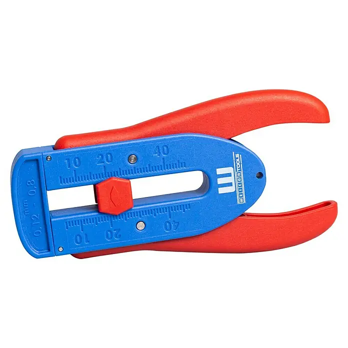Weicon Kabelentmanteler Präzisions-Abisolierer S - Passend für: Feindrähtige Leiter und Litzen, PVC-, PTFE/Teflon-, Kynar-Isolationen von 0,12 mm - 0,8 mm - Nahaufnahme einer WEICONTOOLS Abisolierzange mit roten Griffen und blauem Einstellbereich für Kabelquerschnitte.