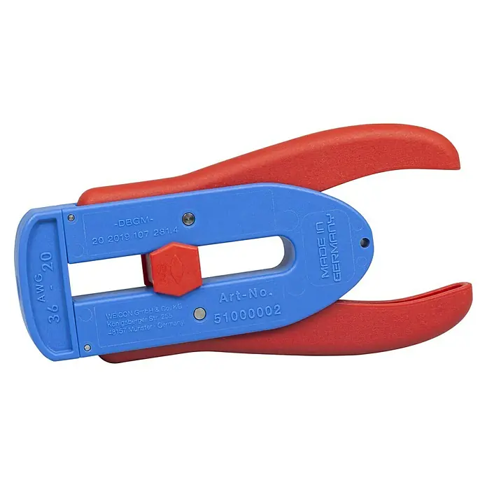 Weicon Kabelentmanteler Präzisions-Abisolierer S - Passend für: Feindrähtige Leiter und Litzen, PVC-, PTFE/Teflon-, Kynar-Isolationen von 0,12 mm - 0,8 mm - Nahaufnahme einer blauen und roten Weicon-Abisolierzange mit Angaben zu AWG, DBGM und Artikelnummer.