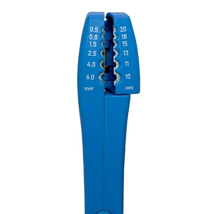 Weicon Kabelmesser No. S 4-28 Multi - 0,5 mm² - 6 mm², Blau, Rot - Nahaufnahme einer blauen Abisolierzange mit Größenangaben in mm² und AWG, die ein unverzichtbares Werkzeug für präzises Abisolieren darstellt.