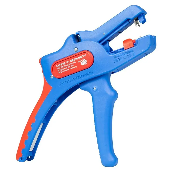 Weicon Kabelentmanteler Abisolierzange No. 5 Pro - 0,2 mm² - 16 mm², Blau, Rot - Abisolierzange mit blauem Griff und rotem Hebel. Hergestellt in Deutschland. Einstellbar für verschiedene Kabelstärken.