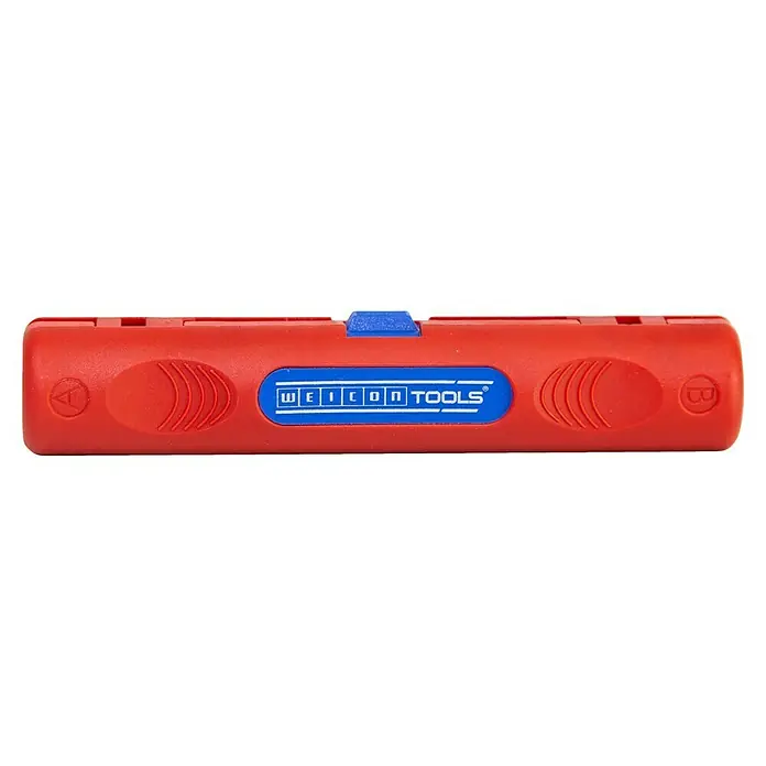 Weicon Kabelentmanteler Stripper No.2 Cat - Passend für: Cat5, Cat6, Cat7, Twisted-Pair-Kabel 4,5 - 10 mm - Weicon Tools Abisolierwerkzeug in roter Farbe mit blauem Akzent, ein praktisches Werkzeug für präzises Abisolieren.