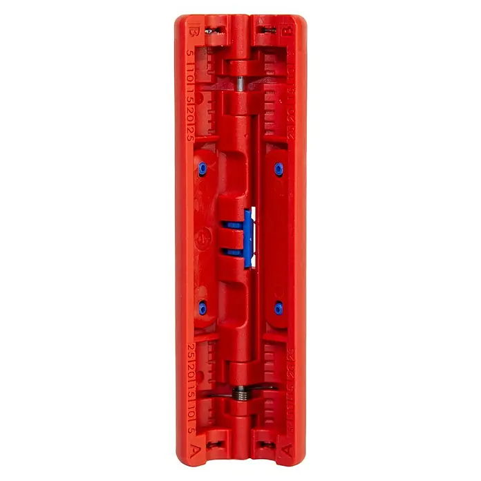 Weicon Kabelentmanteler Stripper No.2 Cat - Passend für: Cat5, Cat6, Cat7, Twisted-Pair-Kabel 4,5 - 10 mm - Kabelabisolierer: Ein roter Kabelabisolierer mit verschiedenen Größenmarkierungen und blauen Akzenten für präzises Abisolieren.