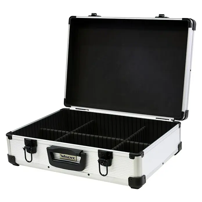 Wisent Werkzeugkoffer-Set - 3 -tlg., Ohne Werkzeug - Der offene Wisent-Aluminiumkoffer mit schwarzen Fächern und silbernen Beschlägen bietet vielseitigen Stauraum für verschiedene Utensilien.