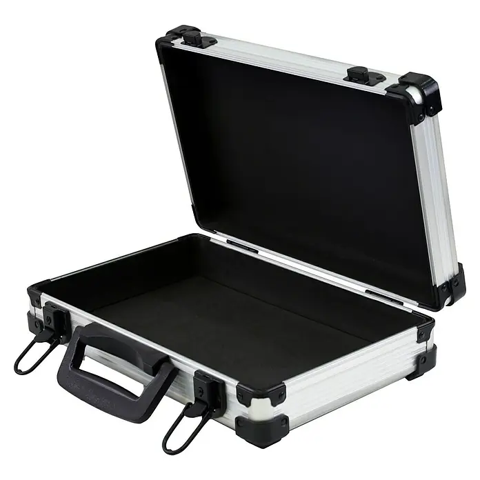 Wisent Werkzeugkoffer-Set - 3 -tlg., Ohne Werkzeug - Geöffneter silberner Aluminiumkoffer mit schwarzem Interieur, ideal für sicheren Transport und Aufbewahrung.