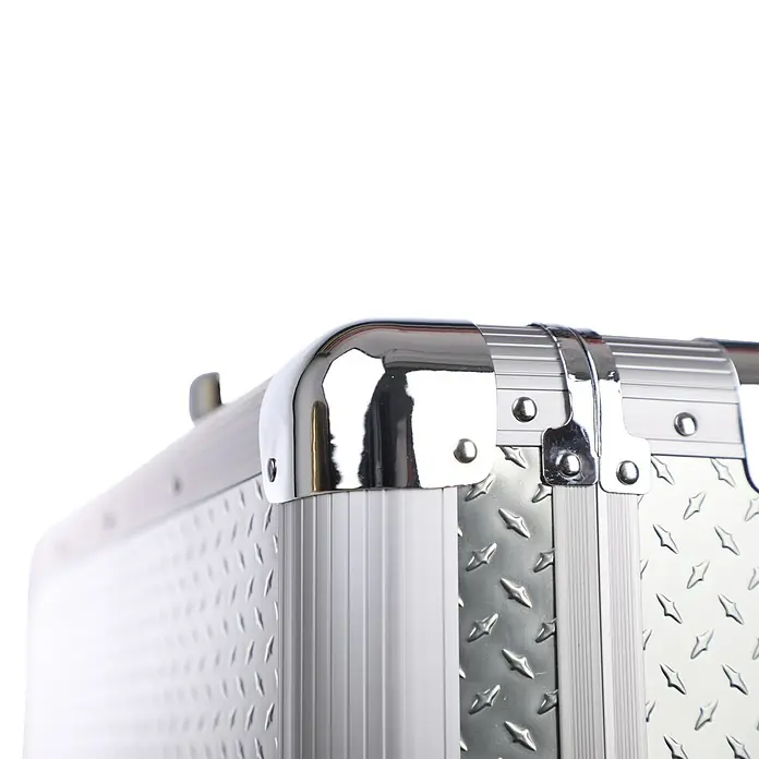 Wisent Maschinenkoffer Premium TC Pro - L x B x H: 505 x 157 x 330 mm, Max. Ladegewicht: 10 kg, Ohne Werkzeug - Detailaufnahme eines silbernen Metallkoffers mit verstärkten Ecken und einer robusten Oberfläche, ideal für den sicheren Transport.
