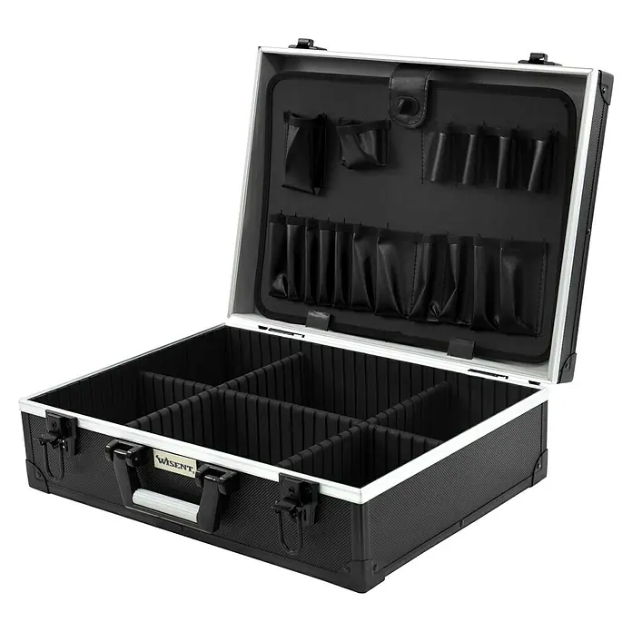 Wisent Maschinenkoffer BLACK-LINE - L x B x H: 45 x 33 x 15 cm, Ohne Werkzeug - Offener schwarzer Kosmetikkoffer von Wisent mit Fächern und Halterungen für Make-up, ideal für Ordnung und Transport von Kosmetikprodukten.