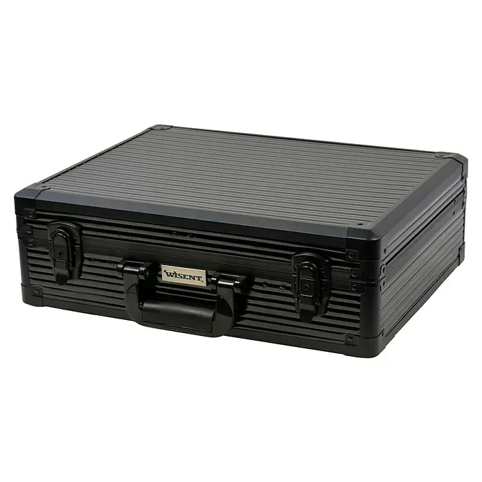 Wisent Maschinenkoffer - L x B x H: 465 x 150 x 365 mm, Aluminium, Schwarz - Nahaufnahme eines schwarzen Aluminiumkoffers mit gerippter Oberfläche, Metallecken und einem Tragegriff.