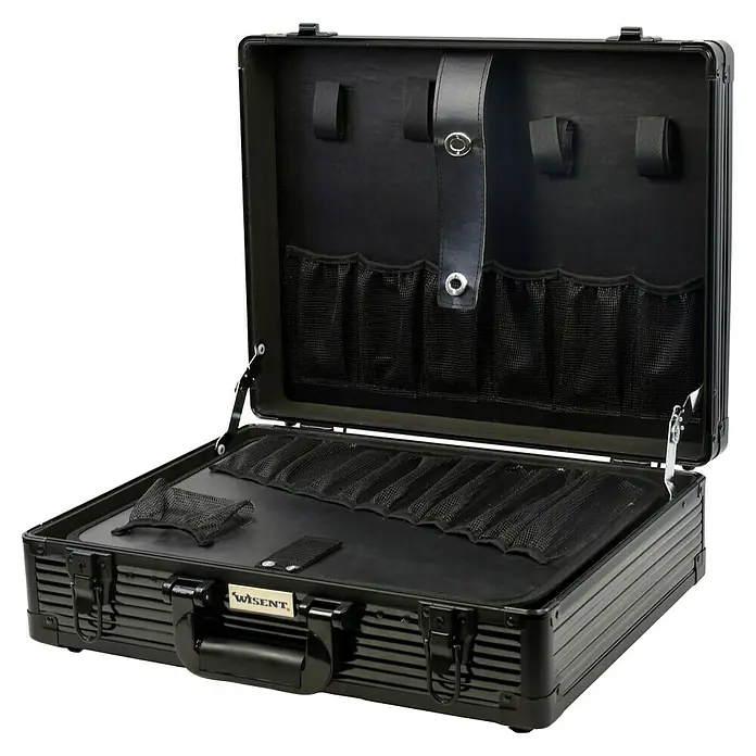 Wisent Maletín para herramientas Classic TC Black - L x An x Al: 465 x 150 x 365 mm, Aluminio, Negro - Maletín de herramientas Wisent negro abierto con compartimentos y asas de transporte.