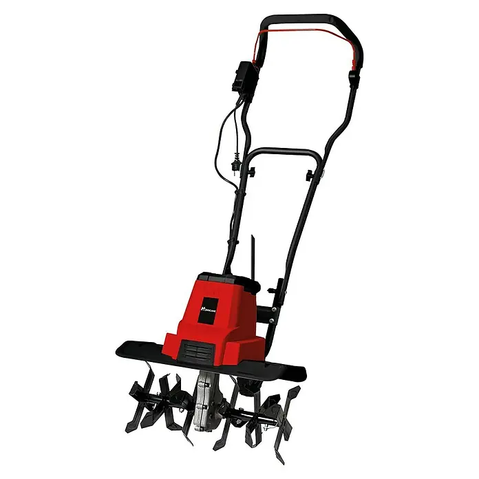 Hurricane Elektro-Bodenhacke HEB-I-1500 - Leistung: 1.500 W, Arbeitsbreite: 45 cm, Arbeitstiefe: 20 cm - Das Bild zeigt einen Hurricane Elektro-Bodenhacke mit roter Motorabdeckung und schwarzen Hackmessern vor einem schwarzen Hintergrund.