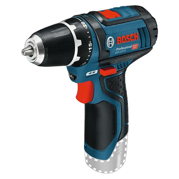Bosch Professional Akku-Bohrschrauber GSR 12V-15 - 12 V, Ohne Akku, 30 Nm - Nahaufnahme eines Bosch GSR 12V-15 Professional Akku-Bohrschraubers, robust und ideal für schwere Arbeiten.