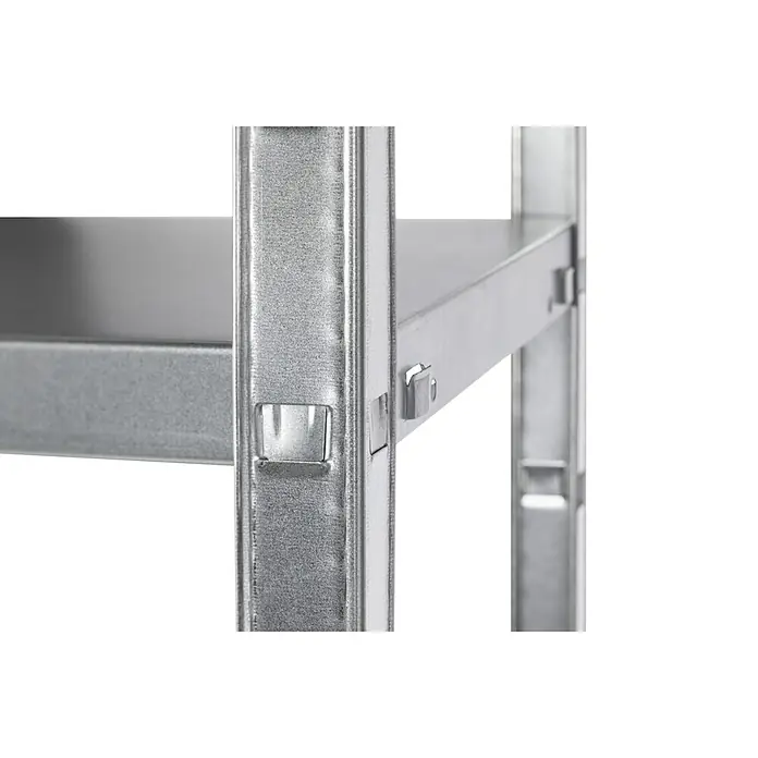 Regalux Metallregal Verzinkt - B x T x H: 80 x 30 x 150 cm, Metall, Silber, Traglast pro Boden: 50 kg - Nahaufnahme eines Metallregals mit Details der Regalkonstruktion und des Befestigungssystems.
