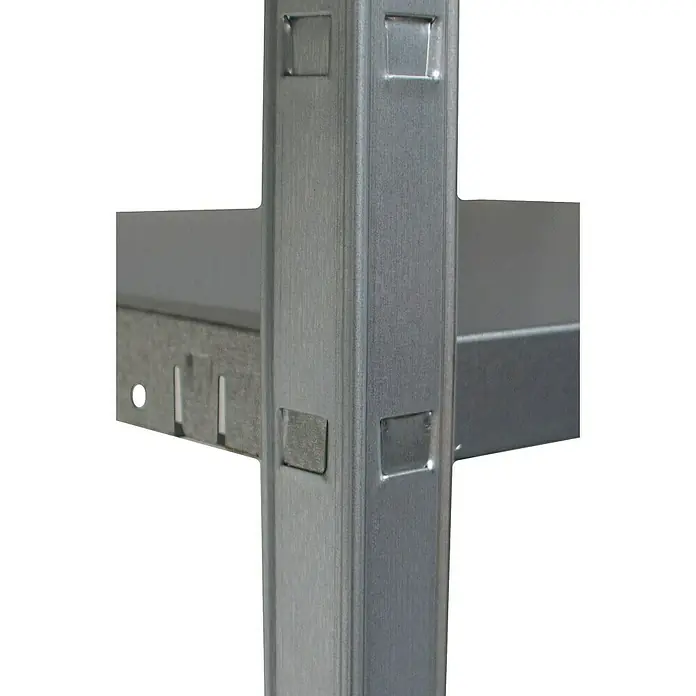 Regalux Metallregal Verzinkt - B x T x H: 80 x 30 x 150 cm, Metall, Silber, Traglast pro Boden: 50 kg - Nahaufnahme eines Metallregals, das die robuste Konstruktion und die Details des Regalsystems zeigt.