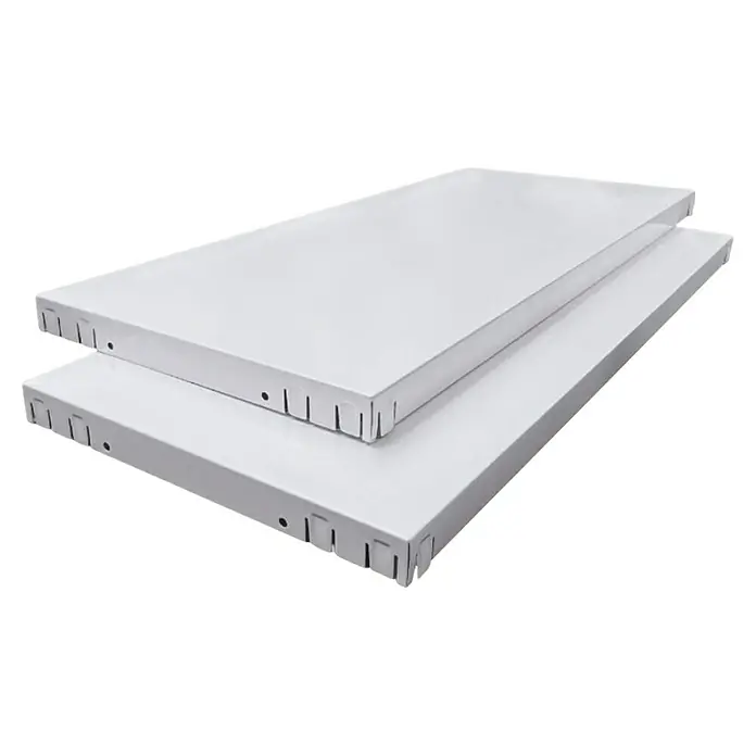 Regalux Metallregal Weiß - B x T x H: 80 x 30 x 150 cm, Metall, Weiß, Traglast pro Boden: 50 kg - Zwei weiße Regalböden liegen gestapelt übereinander, ideal für Lagerung und Organisation in verschiedenen Umgebungen.