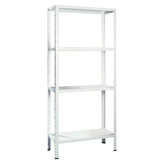 Regalux Metallregal Weiß - B x T x H: 80 x 30 x 150 cm, Metall, Weiß, Traglast pro Boden: 50 kg - Aufnahme eines weißen Metallregals mit vier Regalböden. Es ist robust und bietet viel Stauraum. Ideal für Keller oder Garage.