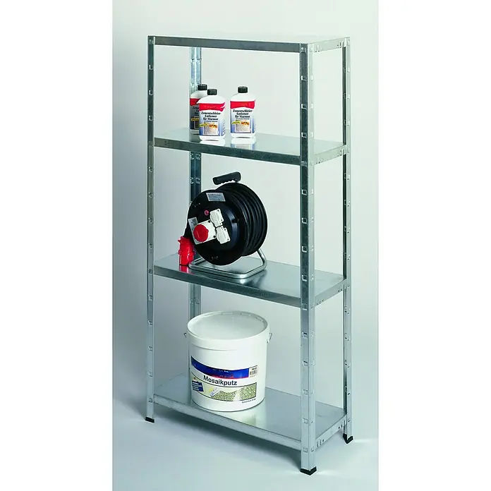 Regalux Metallregal Verzinkt - B x T x H: 80 x 30 x 150 cm, Metall, Silber, Traglast pro Boden: 50 kg - Produktfoto eines Metallregals mit vier Ebenen, beladen mit Reinigungsflüssigkeiten, Kabeltrommel und einem Eimer Mosaikputz.