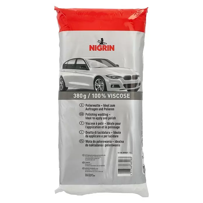 Nigrin Polierwatte - 380 g - NIGRIN 380g 100% Viskose Polierwatte in weiß-roter Verpackung mit silbernem Auto. Ideal zum Auftragen und Polieren.