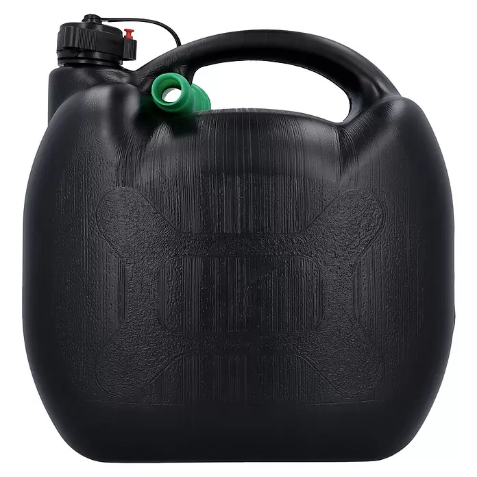 Cartrend Benzinkanister - 5 l, Polyethylen - Schwarzer Kunststoff-Kanister mit Griff, Hauptverschluss, rotem Entlüftungsknopf und grünem Ausgießer.