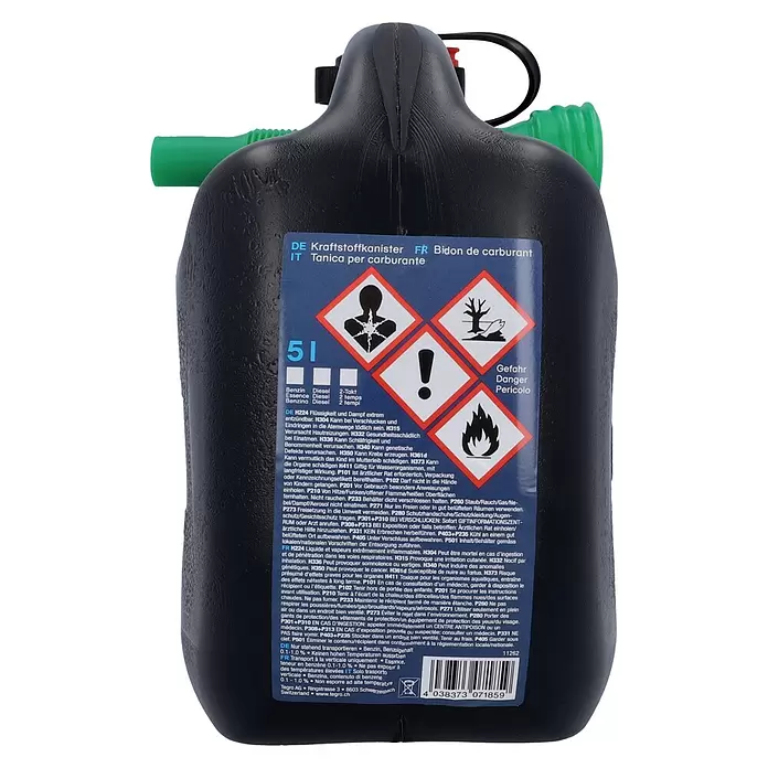 Cartrend Benzinkanister - 5 l, Polyethylen - Schwarzer Kraftstoffkanister aus Kunststoff mit grünem flexiblem Ausgießer und Warnetikett.