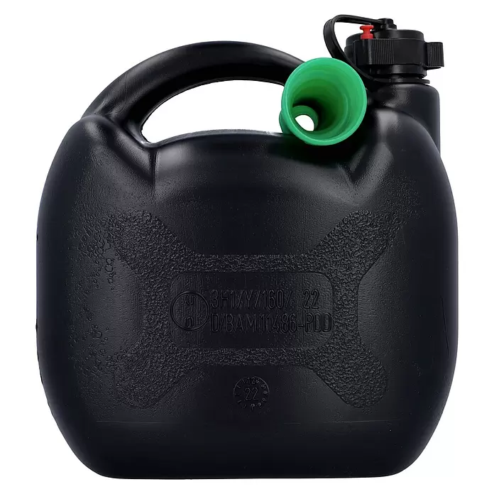 Cartrend Benzinkanister - 5 l, Polyethylen - Schwarzer Plastik-Kanister mit grünem Ausgießer und Griff.