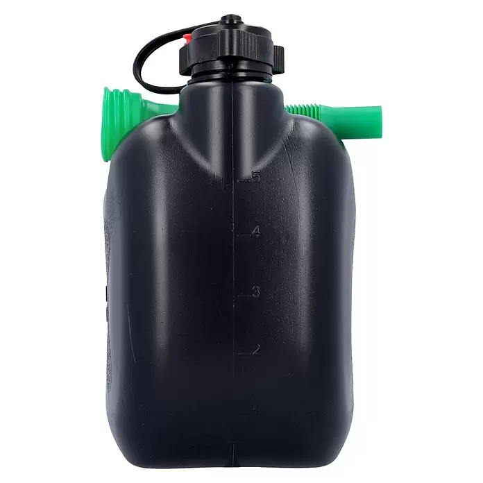 Cartrend Benzinkanister - 5 l, Polyethylen - Schwarze Kunststoff-Feldflasche mit grünem Ausguss, schwarzem Verschluss und Messskala.