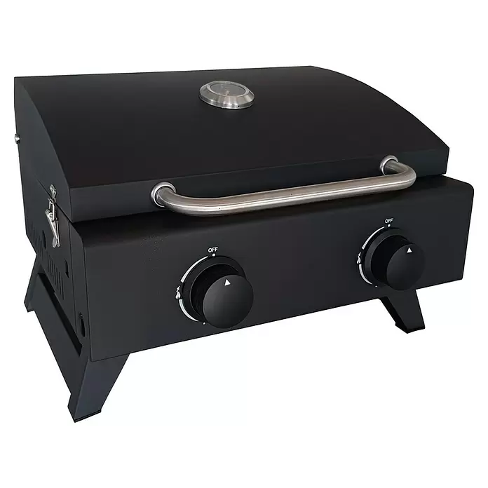 Grillstar Gasgrill - Grillfläche (B x T): 47 x 34,8 cm, 6 kW, Anzahl Brenner: 2 Stk. - Matter schwarzer tragbarer Gasgrill mit silbernem Griff, Temperaturanzeige und zwei Drehknöpfen.