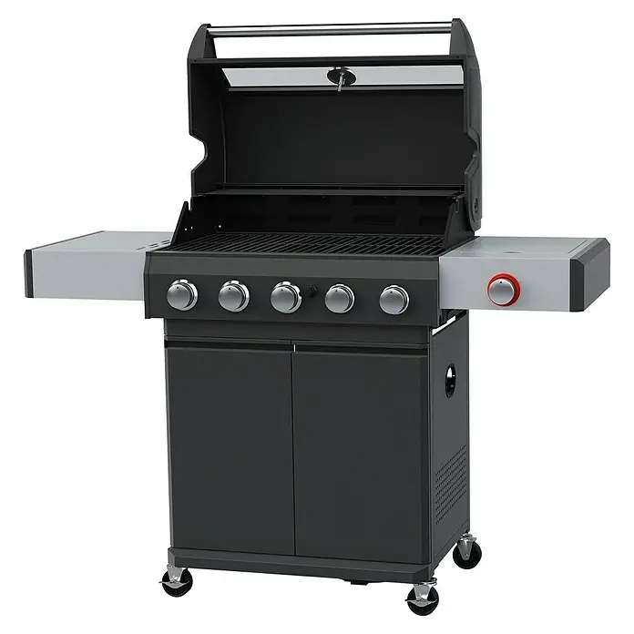 Grillstar Gasgrill Powerburner 550-1 - Grillfläche (B x T): 70 x 41 cm, 14,65 kW, Anzahl Brenner: 5 - Hier ist ein Bild eines schwarzen Gasgrills mit Ablageflächen und einem roten Knopf, perfekt für Outdoor-Kochliebhaber.