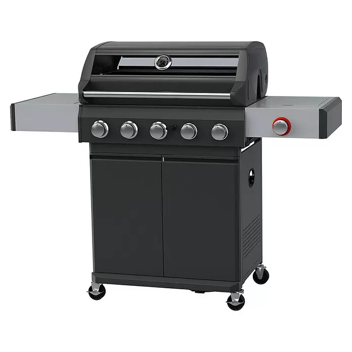 Grillstar Gasgrill Powerburner 550-1 - Grillfläche (B x T): 70 x 41 cm, 14,65 kW, Anzahl Brenner: 5 - Dunkelgrauer Gasgrill mit vier Brennern, Seitenablagen, Schrank und Rollen, Thermometer und rotem Zündknopf.