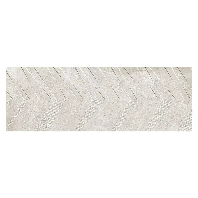 Revestimiento de pared Origin Arrow - 30 x 90 cm, Caliza, Mate, Rectificado - Elegante azulejo de pared gris con un patrón de chevron texturizado para interiores modernos, que aporta un toque elegante y atemporal a cualquier espacio.